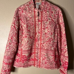 Coldwater Creek Pink and Cream Zip Up Blazer with pockets. Size large.